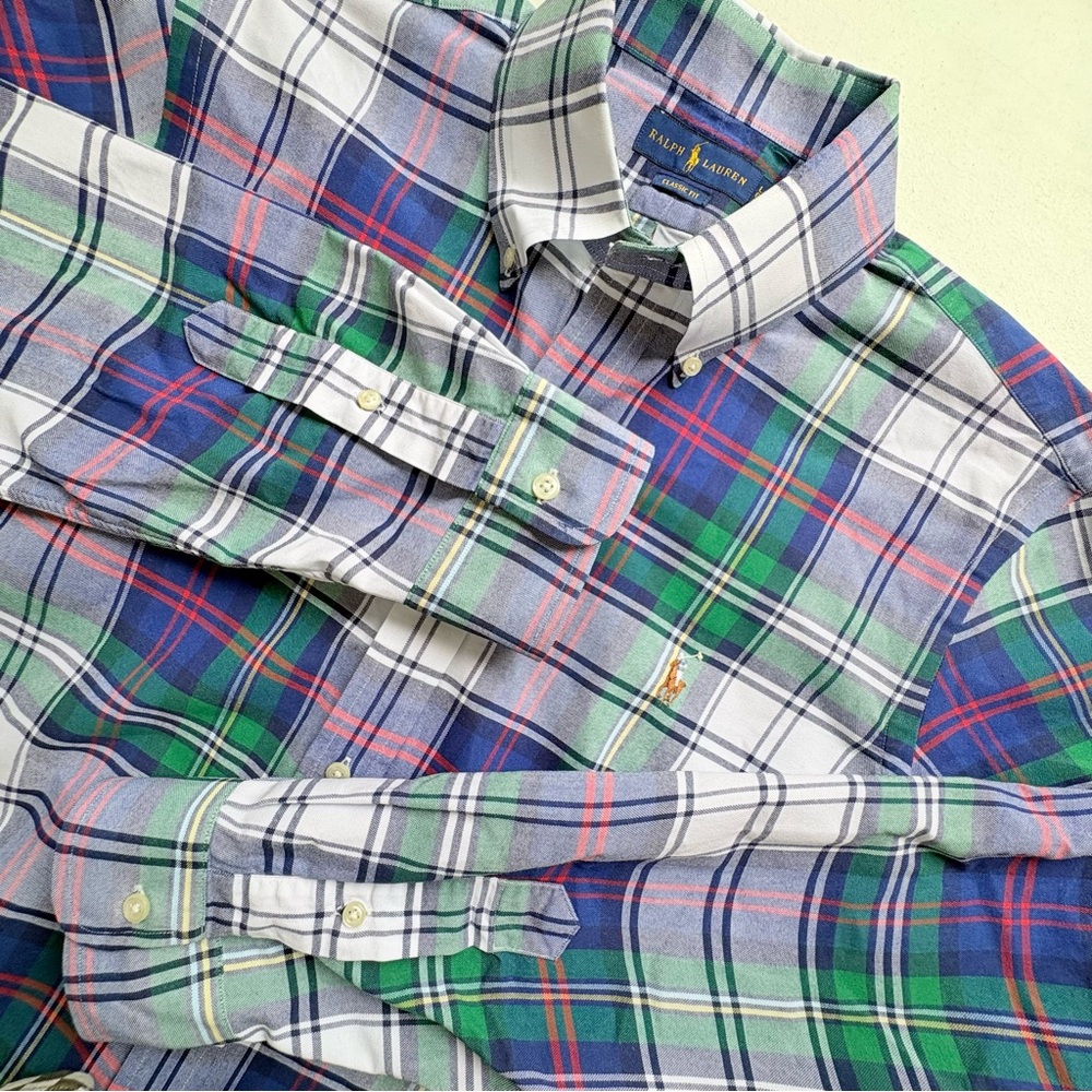 Polo Ralph Lauren Mens Large Plaid Button down Shirt Green Blue Long Sleeve L